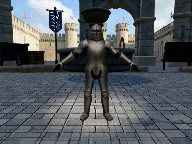 Courtyard Knight: a knight in a courtyard, 3D render