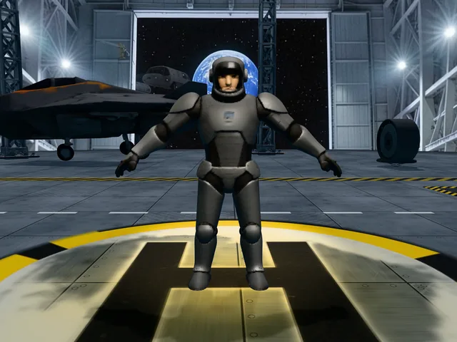 Space Green Beret: a soldier in powered armor in a starship hangar, 3D render